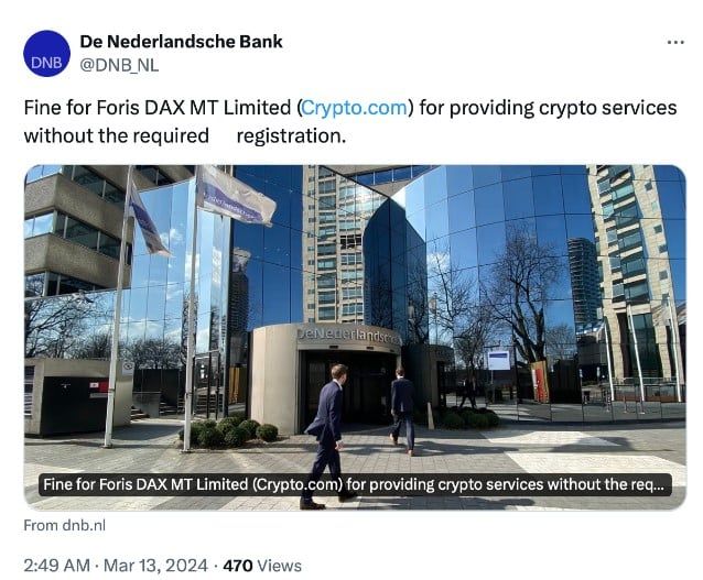 ธนาคารกลางเนเธอร์แลนด์ เผยว่าได้ "ปรับเงิน" Crypto .com ฐานละเมิดการลงทะเบียน