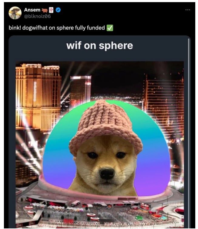 Dogwifhat เหรียญมีมบน Solana พุ่งทำสถิติสูงสุด หลังการระดมทุน Vegas Sphere มูลค่าเกือบ 25 ล้านบาท
