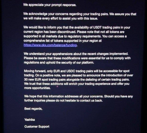มีรายงานว่า OKX หยุดการสนับสนุนคู่เทรด Tether (USDT) ในยุโรป โดยเหลือเพียง คู่ EUR และ USDC