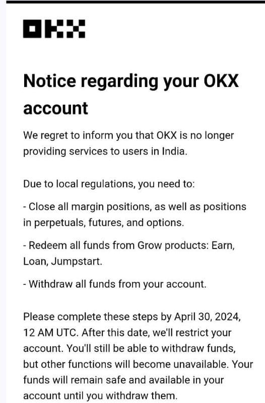 OKX ยุติการให้บริการในอินเดีย ขอให้ผู้ใช้ถอนเงินภายในวันที่ 30 เมษายนนี้