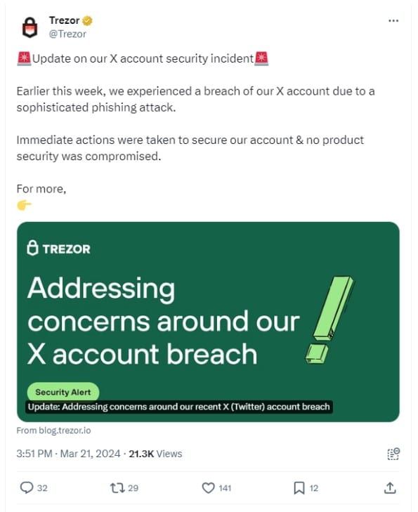 Trezor เผยรายละเอียดเรื่องบัญชี X ที่ถูกแฮ็ก เกิดจากการโจมตีแบบ "ฟิชชิ่ง" ที่ซับซ้อนและมีการไตร่ตรองไว้ล่วงหน้า