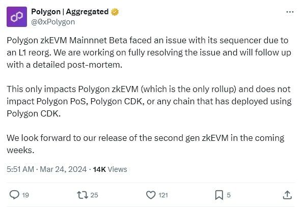 บล็อกเชน Polygon zkEVM "หยุดทำงาน" ต่อเนื่องกว่า 12 ชั่วโมง