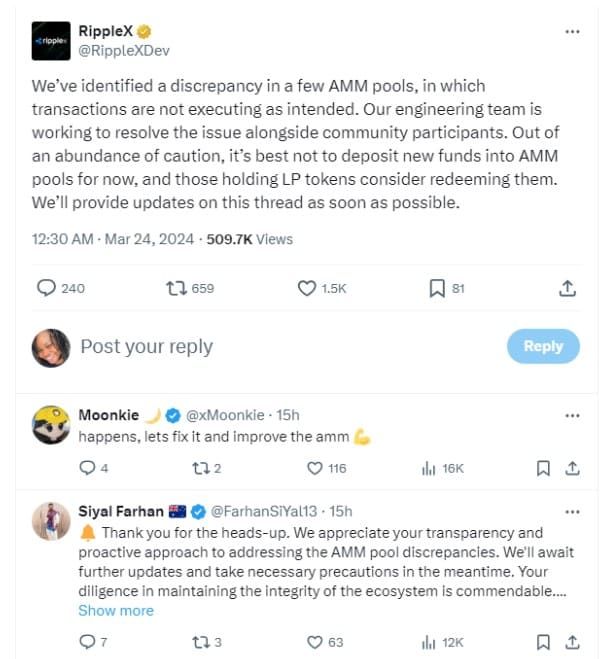 RippleX เผยปัญหา AMM Pool ใน XRP Ledger แนะผู้ใช้อย่าฝากเงินเข้า AMM Pool ที่ได้รับผลกระทบ