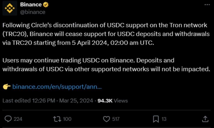 Binance เตรียมหยุดการสนับสนุนการฝากและถอน USD Coin ( USDC ) บน TRC-20 ตั้งแต่วันที่ 5 เมษายน