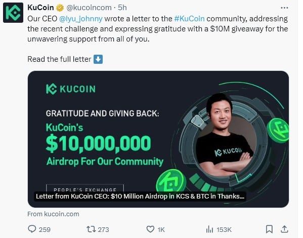 KuCoin เตรียม Airdrop BTC, KCS มูลค่า 364 ล้านบาท แก่ผู้ที่ยังมั่นใจในเว็บเทรดอยู่ CEO Johnny Lyu ประกาศ