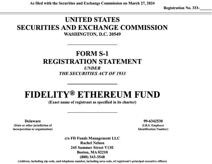 Fidelity ยื่น S-1 กับ SEC เพื่อเพิ่มการ Staking จากส่วนหนึ่งของสินทรัพย์ใน Spot ETH EFT