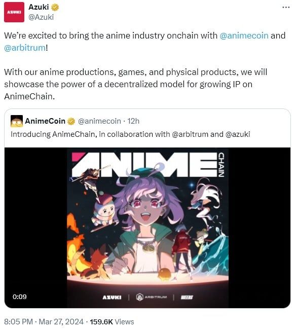 Arbitrum และ Azuki ร่วมกันเปิดตัว "AnimeChain" เครือข่ายอนิเมะที่ขับเคลื่อนด้วย Web3 และบล็อกเชน
