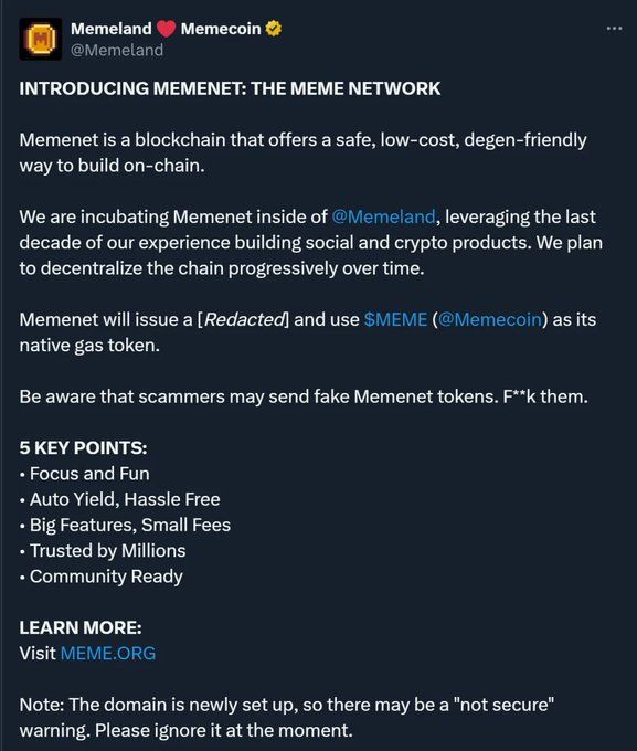 Memeland ประกาศเปิดตัว "Memenet" พร้อมใช้โทเค็น MEME เป็น Gas Token