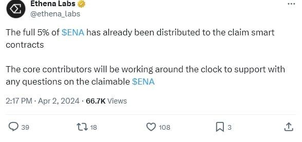 พบ มีคนได้ Airdrop ของ Ethena Labs (ENA) มากถึง 3.3 ล้านโทเค็น