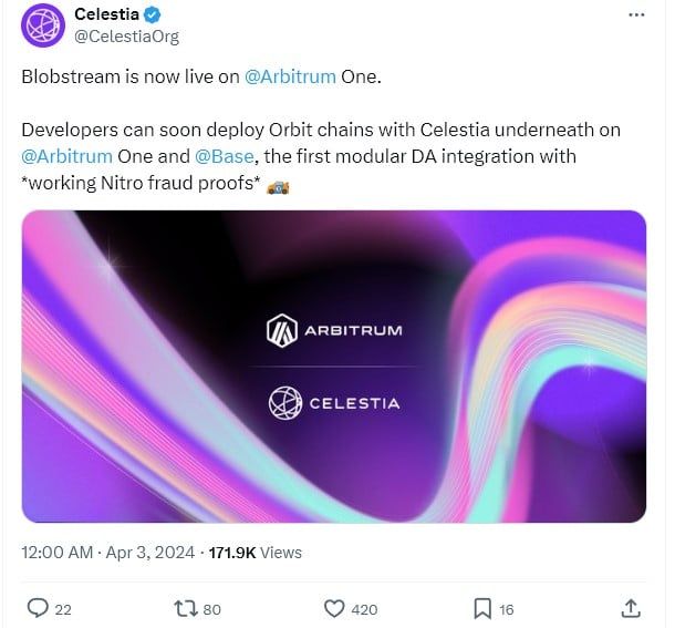 Celestia เปิดตัวโซลูชัน Blobstream สำหรับระบบนิเวศ Arbitrum