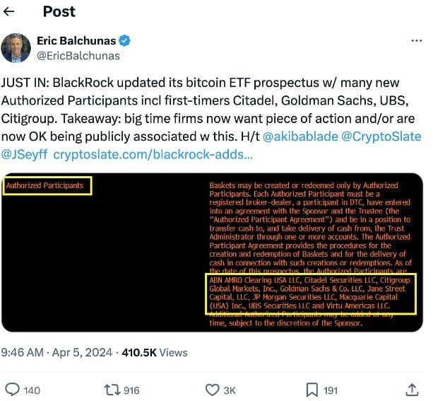 BlackRock อัพเดท Bitcoin ETF เพิ่มบริษัท Wall Street ขนาดใหญ่ 5 แห่งเป็นผู้เข้าร่วมที่ได้รับอนุญาตรายใหม่