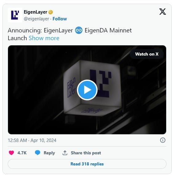 EigenLayer และ EigenDA เปิดตัวบน Ethereum Mainnet