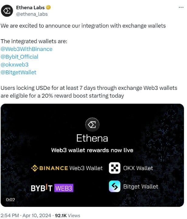 Ethena เพิ่มการรองรับ Web3 Wallet ของ Binance, Bybit, OKX และ Bitget