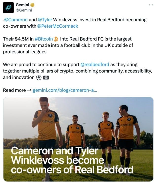 ฝาแฝด Winklevoss กลายเป็นเจ้าของร่วมของสโมสรฟุตบอล Real Bedford FC ในอังกฤษ หลังลงทุนด้วย Bitcoin มูลค่า 164 ล้านบาท