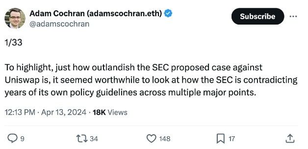 SEC กำลังขัดแย้งกับแนวทางของตนเองในอดีต ในการดำเนินการกับ Uniswap เกี่ยวกับคำจำกัดความของเว็บเทรด