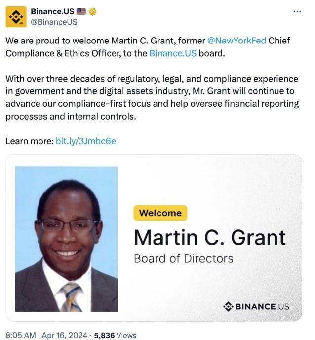 อดีตหัวหน้า Fed ของนิวยอร์ก เข้าร่วมเป็นคณะกรรมการของ Binance US