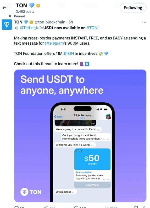 การเปิดตัว Tether บนเครือข่าย TON “เป็นการปลดล็อกความสะดวกสำหรับผู้ใช้อย่างมาก"