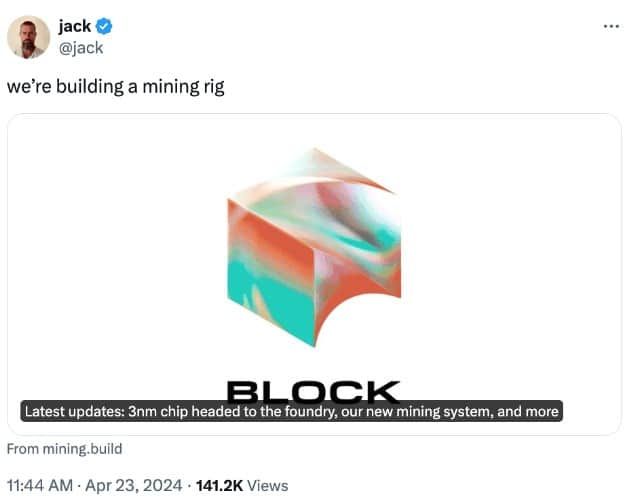 Block ของ Jack Dorsey ประกาศการพัฒนา 'ระบบการขุด Bitcoin เต็มรูปแบบ' พร้อมชิปขุดขนาด 3 นาโนเมตร