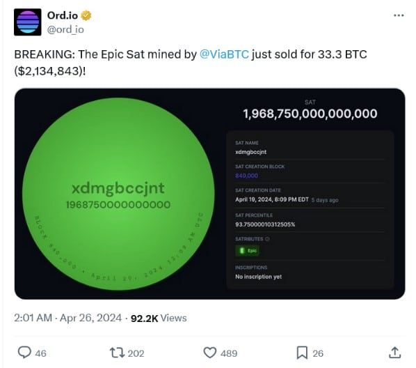Satoshi แรกสุดจากบล็อก Halving ขายได้ในราคา 33.3 Bitcoin เกือบ 79 ล้านบาท