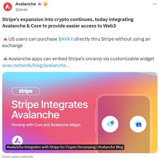 Avalanche ร่วมกับ Stripe เพื่อเปิดให้ผู้ใช้สามารถซื้อ AVAX ได้โดยตรงภายในแอป Web3