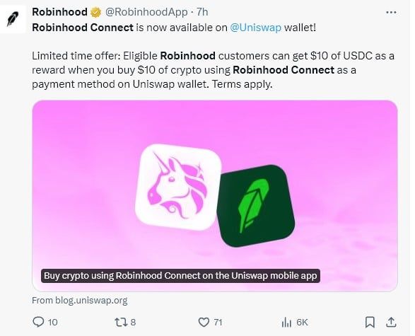 Uniswap เปิดใช้งานการซื้อ Crypto ผ่าน Robinhood Connect