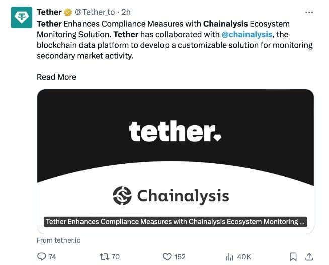 Tether ร่วมมือกับ Chainalysis ในการติดตามตลาดรองสำหรับกิจกรรม Stablecoin ที่ผิดกฎหมายหรือถูกคว่ำบาตร