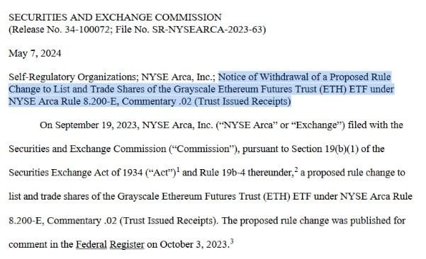 Grayscale เปลี่ยนใจ ถอนใบสมัครขอเปิดตัว Ethereum Futures ETF