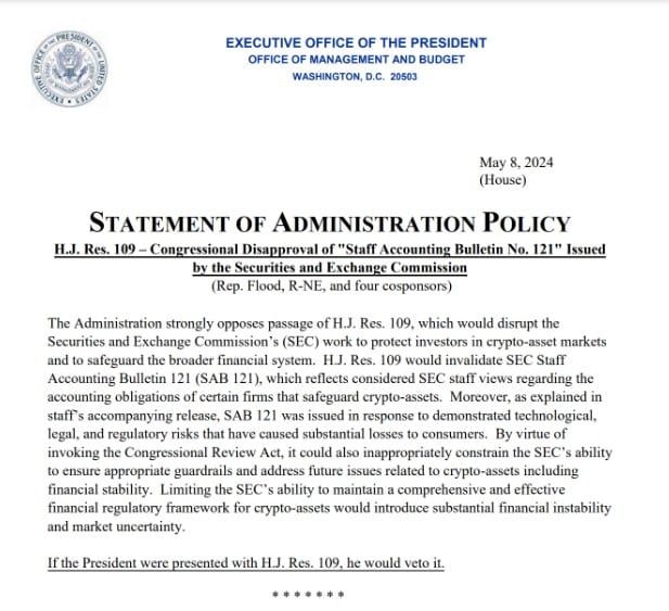 สภาลงมติ "คัดค้าน" นโยบาย Crypto ของ SEC ด้านประธานาธิบดี Biden สาบานว่าจะยับยั้งมติ