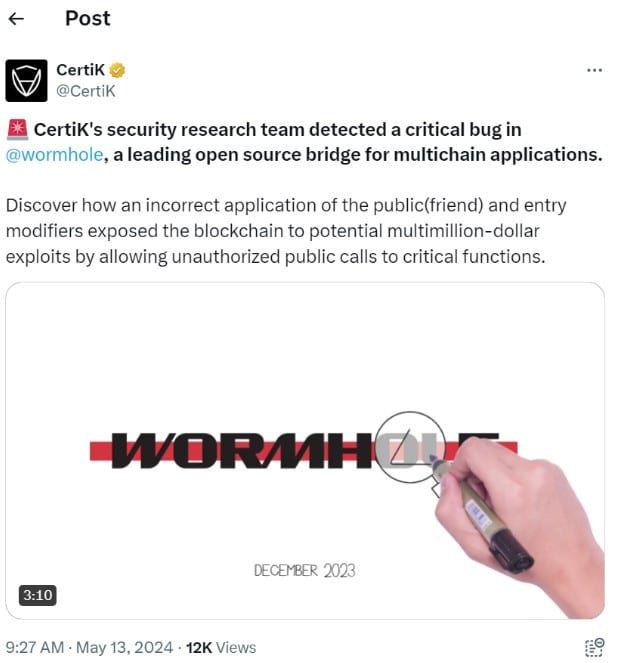 CertiK พบช่องโหว่ด้านความปลอดภัยใน Wormhole Bridge บน Aptos พร้อมแก้ไขได้ทัน ก่อนจะมีการสูญเสีย