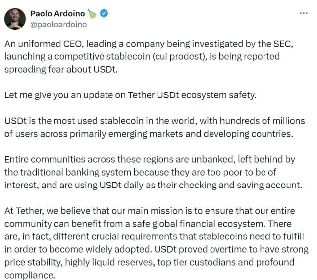 ซีอีโอ Tether โต้ Brad Garlinghouse ของ Ripple ที่อ้างว่ารัฐบาลสหรัฐฯ กำลัง " ตามล่า" Tether