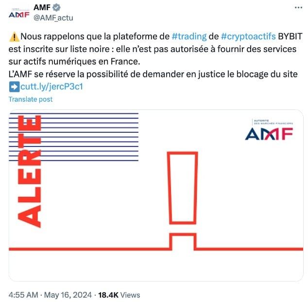 ฝรั่งเศส เตือนนักลงทุนคริปโตว่า Bybit ให้บริการอย่าง 'ผิดกฎหมาย' และอาจถูกบล็อกเว็บไซต์