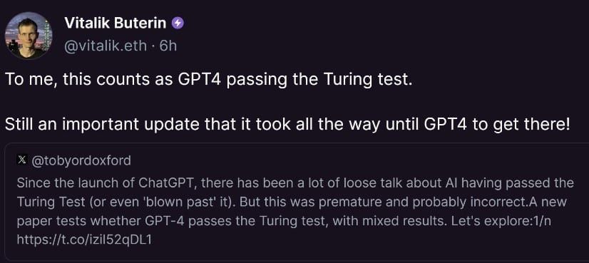 Vitalik Buterin กล่าวว่า GPT-4 ของ OpenAI ผ่านการทดสอบทัวริง (Turing Test) แล้ว