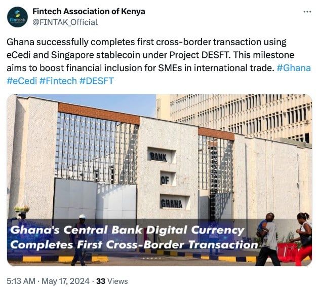 กานา , สิงคโปร์ เสร็จสิ้นการค้าขายในโครงการนำร่อง Digital Economy Semi-Fungible Token (DESFT)