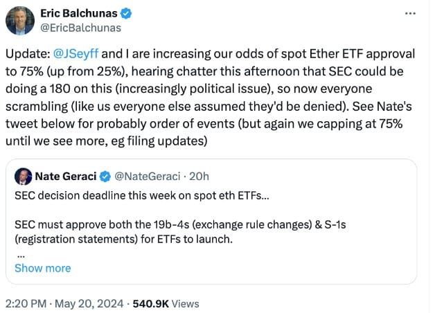 มีข่าวลือว่า ก.ล.ต.สหรัฐฯ กำลังพิจารณาอนุมัติ Spot Ether ETF อีกครั้ง นักวิเคราะห์ของ Bloomberg กล่าว