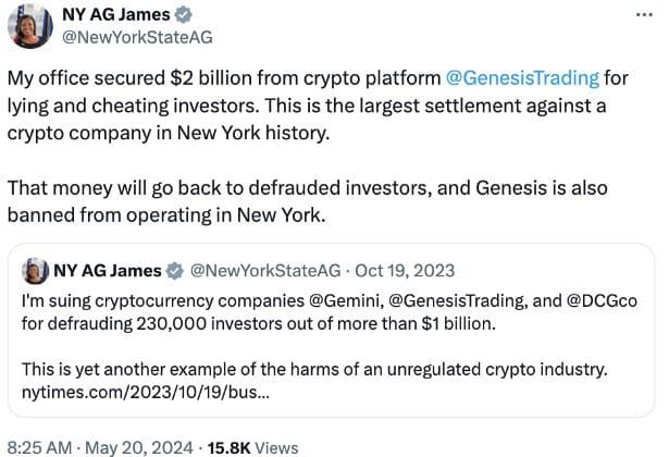 New York AG บรรลุข้อตกลงมูลค่า 2 พันล้านดอลลาร์กับ Genesis 'เพื่อชดเชยนักลงทุนที่ถูกฉ้อโกง'