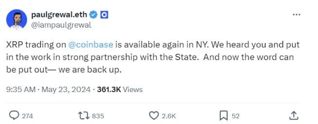 Coinbase เปิดการซื้อขาย "XRP" ในนิวยอร์กอีกครั้ง หลังจากหายไป 9 เดือน