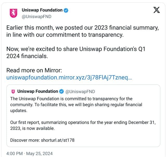 Uniswap เผยการถือครองเงิน Fiat และ Stablecoin มูลค่า 41.41 ล้านดอลลาร์ (1,517 ล้านบาท) ณ สิ้นไตรมาสแรก