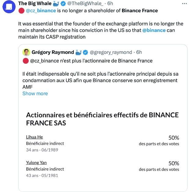 "Binance ฝรั่งเศส" เปลี่ยนผู้ถือหุ้นรายใหม่ 100% ตามคำเตือนของหน่วยงานกำกับดูแล