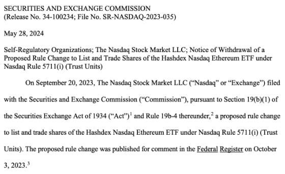 Hashdex ถอนใบสมัคร Spot Ether ETF โดยไม่ระบุเหตุผลของการถอน