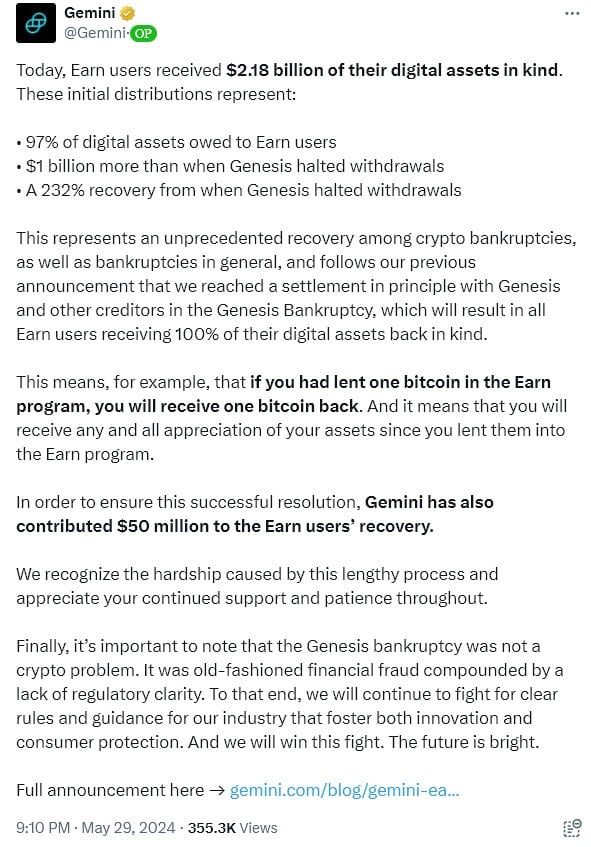 Gemini คืนเงิน 2.18 พันล้านดอลลาร์ ให้กับผู้ใช้ หลังการถอนเงินที่ถูกระงับเป็นเวลา 18 เดือน