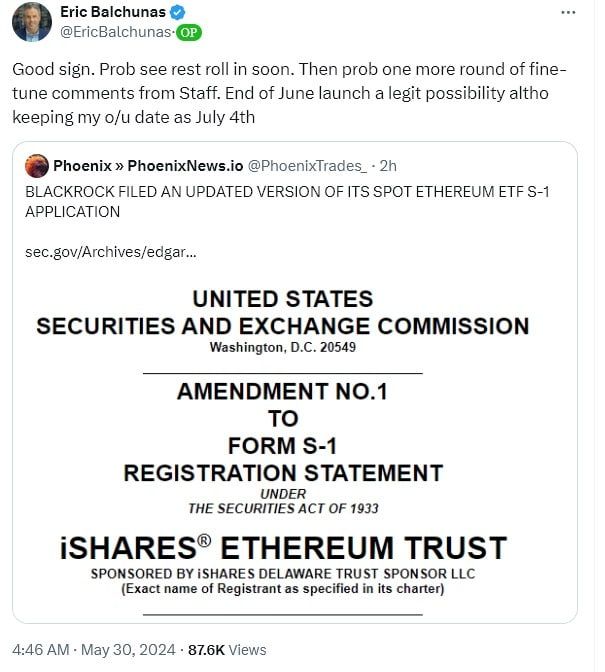 BlackRock ยื่นแก้ไข S-1 สำหรับกองทุน Spot Ethereum ETF