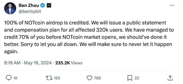 Bybit ปรับโครงสร้างทีมผู้บริหาร หลังความล้มเหลวเรื่อง Airdrop Notcoin จนต้องชดเชยผู้ใช้มูลค่า 955 ล้านบาท