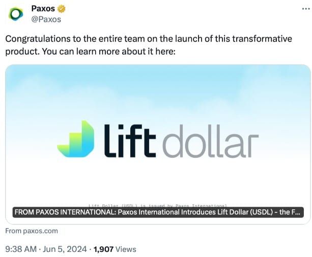 Paxos International เตรียมออกเหรียญ Stablecoin ที่มีดอกเบี้ย ที่เรียกว่า Lift Dollar (USDL)