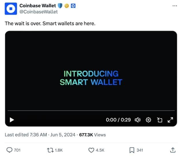 Coinbase เปิดตัว "กระเป๋าเงินอัจฉริยะ" ที่ไม่มีค่าธรรมเนียม Gas