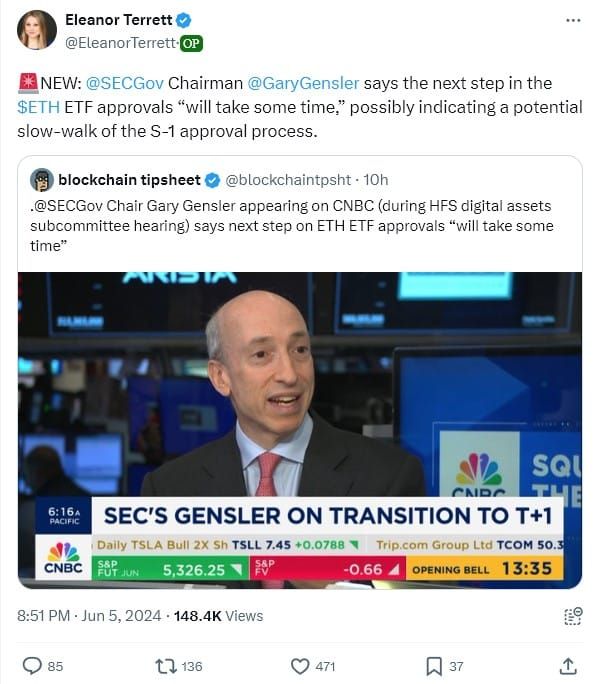 การอนุมัติขั้นสุดท้ายของ Spot Ether ETF จะ 'ต้องใช้เวลา' — Gary Gensler เตือน