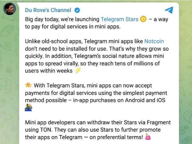 Telegram เปิดตัว "Stars" โทเค็นในแอปสำหรับการซื้อสินค้าและบริการดิจิทัล