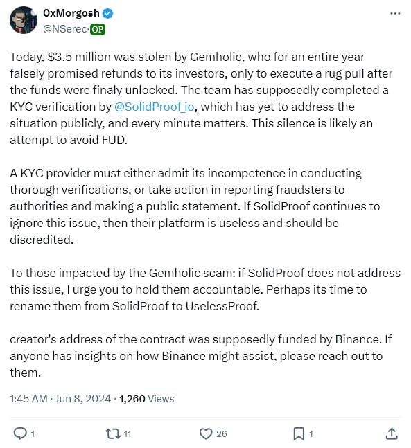 โครงการ Gemholic บน ZkSync Rug pull เงินมูลค่า 128 ล้านบาท บัญชี X และ Telegram ถูกลบเกลี้ยง