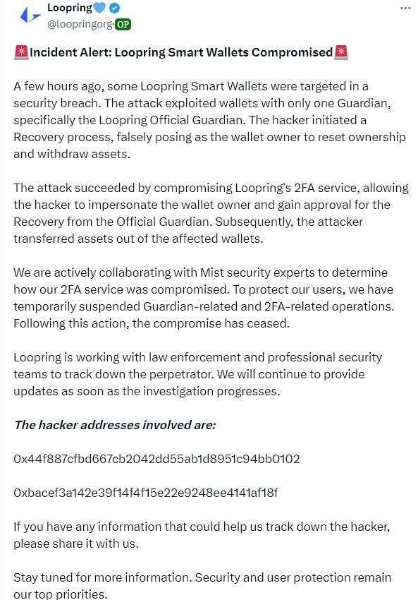 Loopring ประสบปัญหาการแฮ็กมูลค่า 184 ล้านบาท' ที่เกี่ยวข้องกับบริการ 2FA 'Guardian'