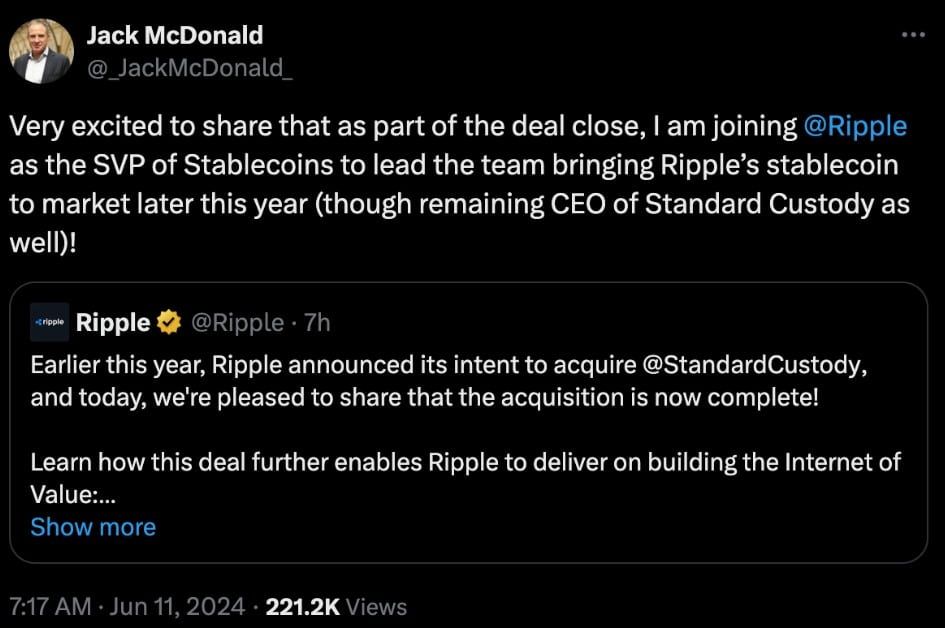Ripple Labs เข้าซื้อกิจการ Standard Custody ปูทางการเปิดตัว Stablecoin