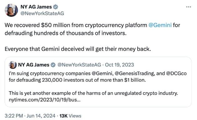 นิวยอร์ก ประกาศกู้คืนเงินจาก Gemini ได้กว่า 1,832 ล้านบาท เตรียมคืนให้กับนักลงทุนในโครงการ Earn